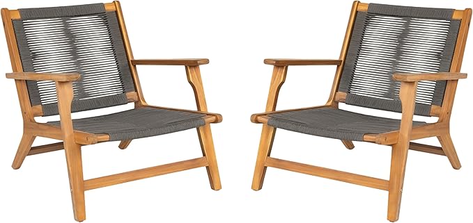 Christopher Knight Home Veera Patio Lounge Chair Set of 2, Acacia Wood Frame, Handwoven Rope, Mid-Century Modern, Dark Grey & Teak