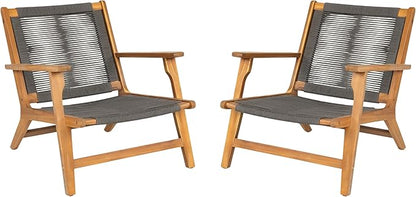Christopher Knight Home Veera Patio Lounge Chair Set of 2, Acacia Wood Frame, Handwoven Rope, Mid-Century Modern, Dark Grey & Teak