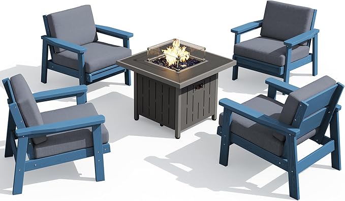 SERWALL Patio Furniture Set with 33” Fire Pit Table, HDPE Outdoor Sectional Sofa Set with Thickened Cushions, Blue Frame with Grey Cushions