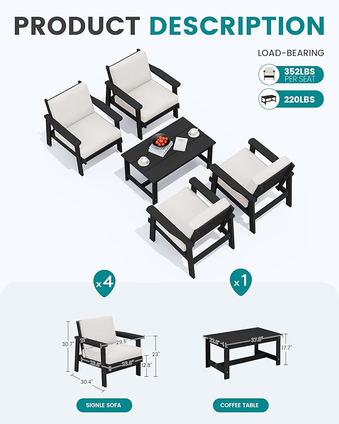SERWALL Outdoor Patio Furniture Set, 5 Piece HDPE Patio Conversation Sets - Photo 2