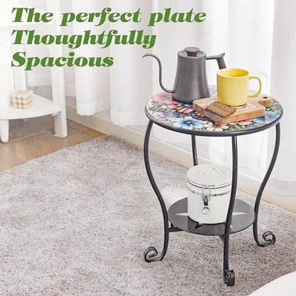 Outdoor Side Table Mosaic Patio Small End Table Metal Coffee Tea Accent Table for Patio Living Room Bedroom Yard Porch Garden (Colourful Butterflies)