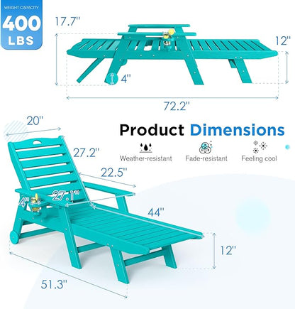 nalone Outdoor Chaise Lounge Chair Set of 2 with Wheels & Cup Holder, HDPE Pool Lounge Chairs with 5-Position Adjustable Backrest Supports Up to 400 LBS for Patio Poolside Deck Beach Backyard (Aruba)