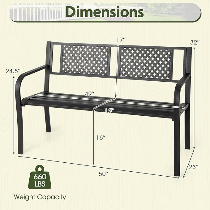 Giantex Metal Outdoor Bench with Mesh Pattern Backrest, Curved Armrests, 660Lbs Capacity, Slatted Seat for 2-3 Persons, Patio Bench for Yard, Poolside, Porch, Park, Garden (50"×23"×32",Black)