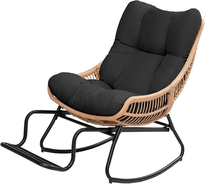 Outdoor Papasan Rocking Chair with Adjustable Footrest, Comfy Outdoor Lounge Chairs Heavy Duty Oversized Rocking Egg Chair Perfect for Patio Deck Garden and Indoor Use