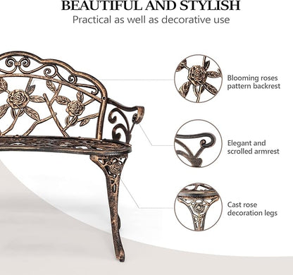 Bonnlo 2 Seater Garden Bench Outdoor Bench Furniture Patio Bench Seating Park Patio Seat Cast Iron Cast Aluminium Frame Antique Finish Chair