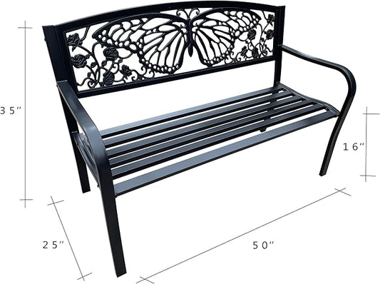 Hi-Line Gift Ltd 50" Outdoor Metal Garden Bench with Butterfly Backrest Design - Black