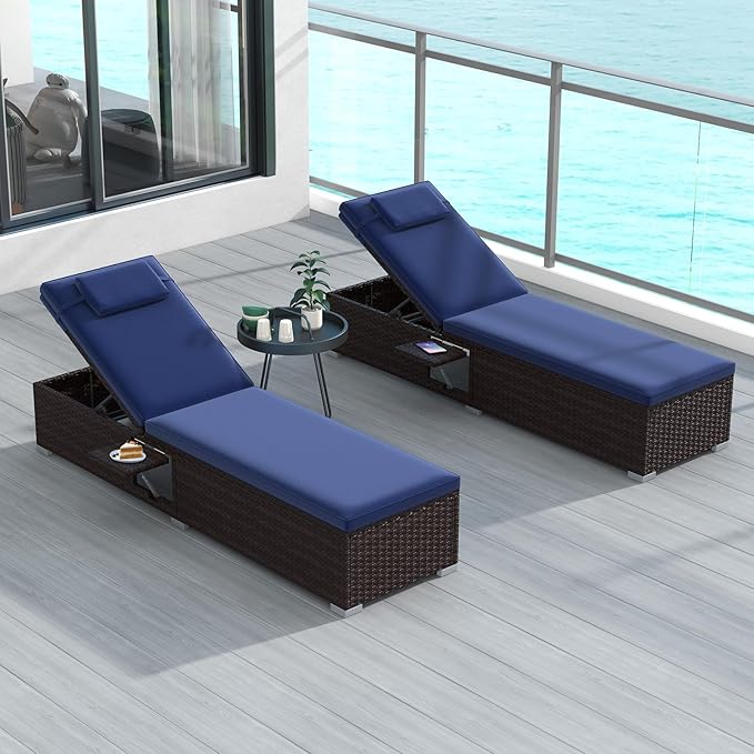 Tangkula Patio Chaise Lounge Set of 2, Outdoor Rattan Lounge Chair with 6-Level Backrest, Comfy Seat Cushion & Headrest - Photo 2
