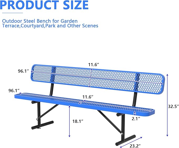 96" Metal Park Benches for Outside - Blue Outdoor Benches Heavy Duty Garden Weatherproof Bench with Backrest, Buddy Bench for Schools,Commercial Benches for Shopping Mall, Store, Yard, Patio