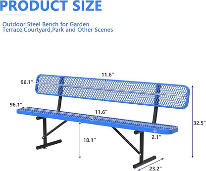 96" Metal Park Benches for Outside - Blue Outdoor Benches Heavy Duty Garden Weatherproof Bench with Backrest, Buddy Bench for Schools,Commercial Benches for Shopping Mall, Store, Yard, Patio