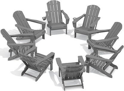 SERWALL Folding Adirondack Chair Set of 8, Adjustable Adirondack Chair with 3 Recline Positions, All Weather HDPE Outdoor Adirondack with Cup Holders, Gray