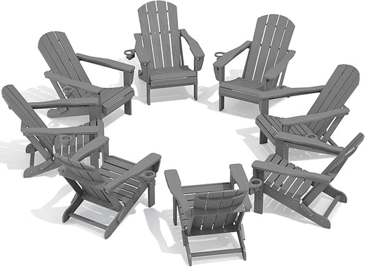 SERWALL Folding Adirondack Chair Set of 8, Adjustable Adirondack Chair with 3 Recline Positions, All Weather HDPE Outdoor Adirondack with Cup Holders, Gray