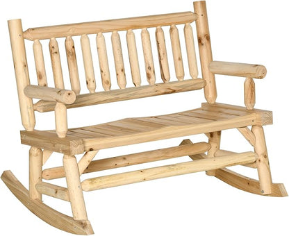 2 Person Wood Rocking Chair with Log Design, Heavy Duty Loveseat with Wide Curved Seats for Patio, Backyard, Garden, Natural