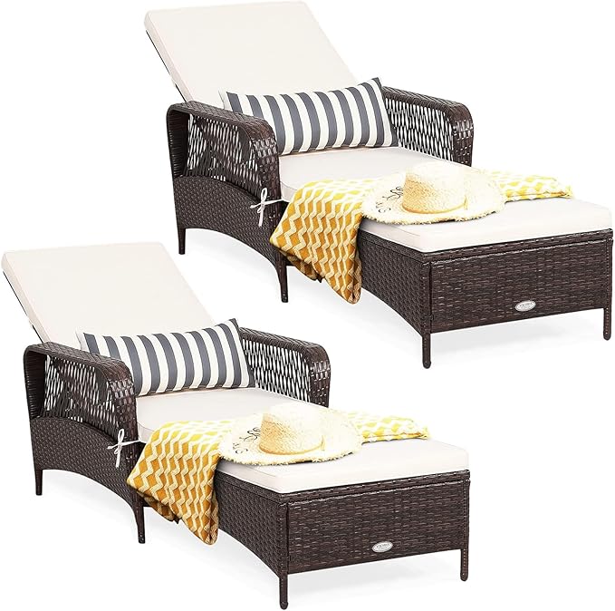 HAPPYGRILL PE Rattan Lounge Chair Set of 2, Outdoor Recliner Patio Chaise Lounger with Extra Waist Pillow, Reclining Chair with 6 Adjustable Gears for Outdoor Beach Pool Backyard