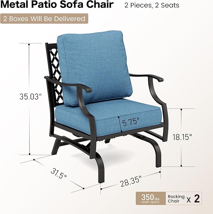 Metal Outdoor Rocker Patio Chairs Set of 2 with 5.75" Extra Thick Cushion, 2 Piece High Back Rocker Patio Chair All Weather Outdoor Furniture Seating for Deck Balcony Porch, Denim Blue