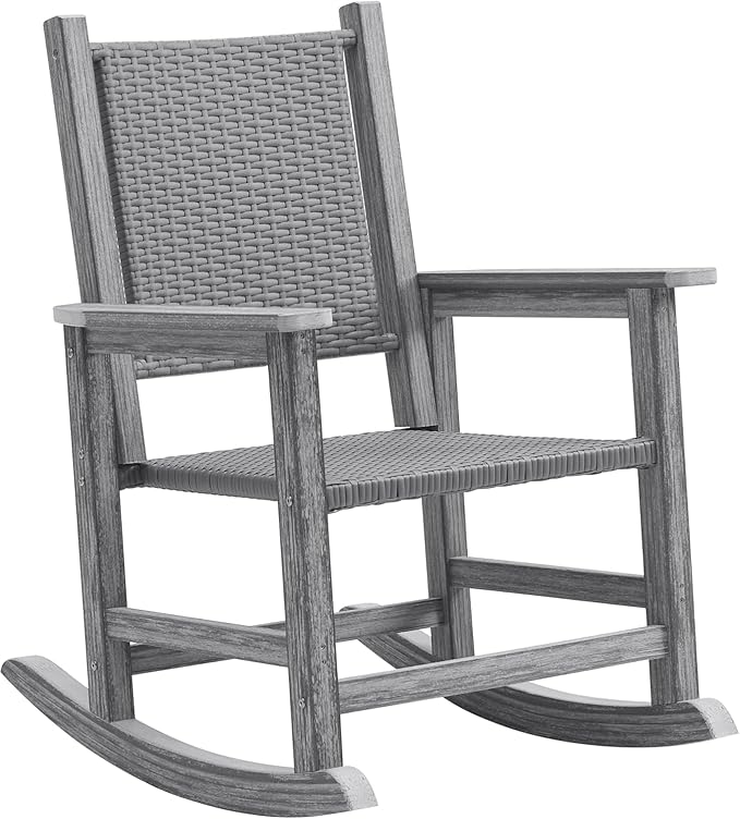 HDPE Rocking Chair Outdoor, Wicker Rocking Chair for Outside, Woven Seat & Back, All Weather Ratten Outdoor for Porch, Garden, Lawn, Balcony (Grey)