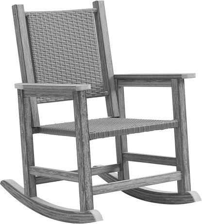 HDPE Rocking Chair Outdoor, Wicker Rocking Chair for Outside, Woven Seat & Back, All Weather Ratten Outdoor for Porch, Garden, Lawn, Balcony (Grey)