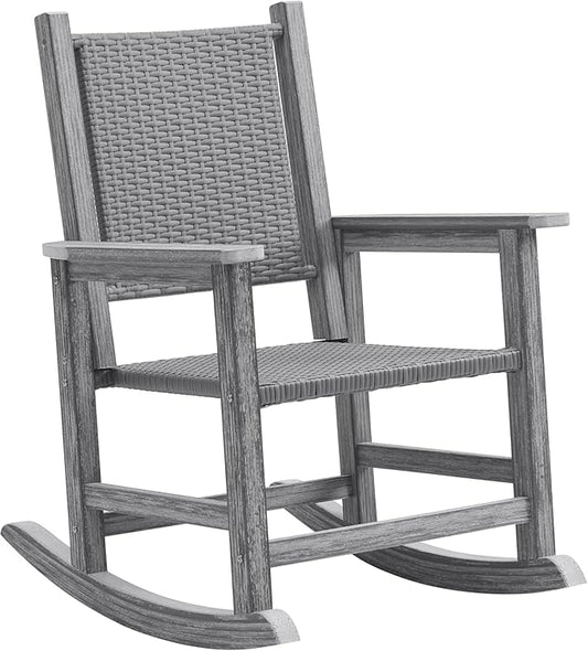 HDPE Rocking Chair Outdoor, Wicker Rocking Chair for Outside, Woven Seat & Back, All Weather Ratten Outdoor for Porch, Garden, Lawn, Balcony (Grey)