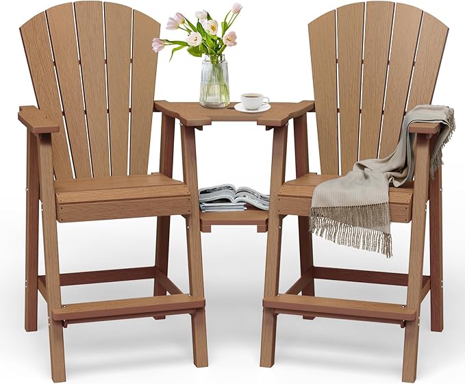 Tall Adirondack Chairs Set of 2, HDPE High Adirondack Chairs with Double Removable Trays, All Weather Outdoor Barstools for Patio, Balcony, Backyard, Deck and Garden, Teak