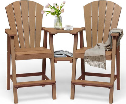 Tall Adirondack Chairs Set of 2, HDPE High Adirondack Chairs with Double Removable Trays, All Weather Outdoor Barstools for Patio, Balcony, Backyard, Deck and Garden, Teak