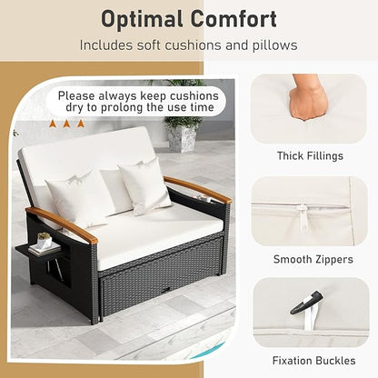 Moccha Outdoor Wicker Daybed, Patio Rattan Loveseat Sofa w/ 4-Level Adjustable Backrest, Folding Panels, Storage Ottoman & Cushions, Lounge Furniture Set for Poolside Backyard Porch (White & Black)