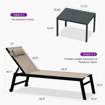 PURPLE LEAF Outdoor Oversized Lounge Chair Set Patio Chaise Pool Lounger Aluminum Frame with 2 Side Table and Wheels for Outside Sunbathing Tanning Recliner Including Pillows Beige