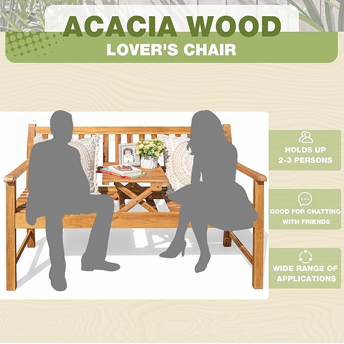 Greesum Outdoor Bench 2-Person Acacia Garden Chair Patio Porch Furniture with Foldable Small Table Plate for Deck, Yard - Photo 7