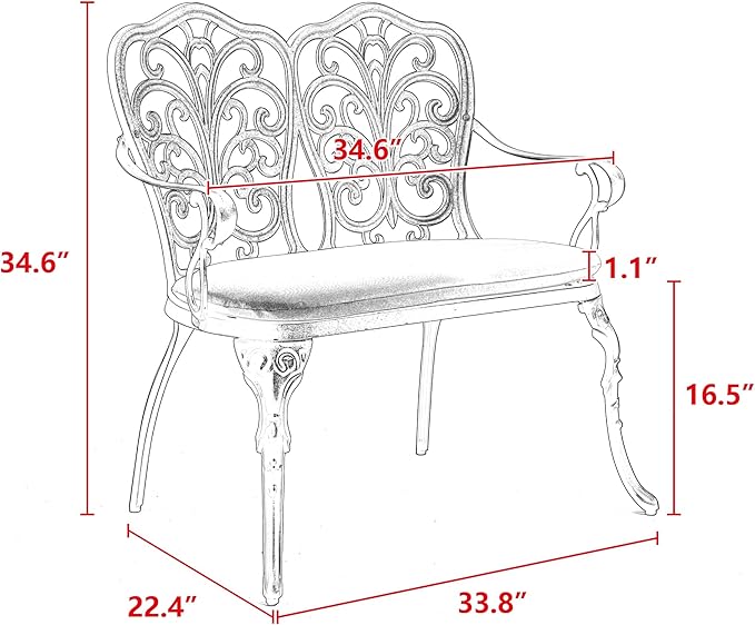 espidoo Cast Aluminum Patio Bench: Weatherproof Rose Garden Bench - 34.6" Outdoor Seating for Patio & Backyard - Durable Black Metal Bench with Floral Design