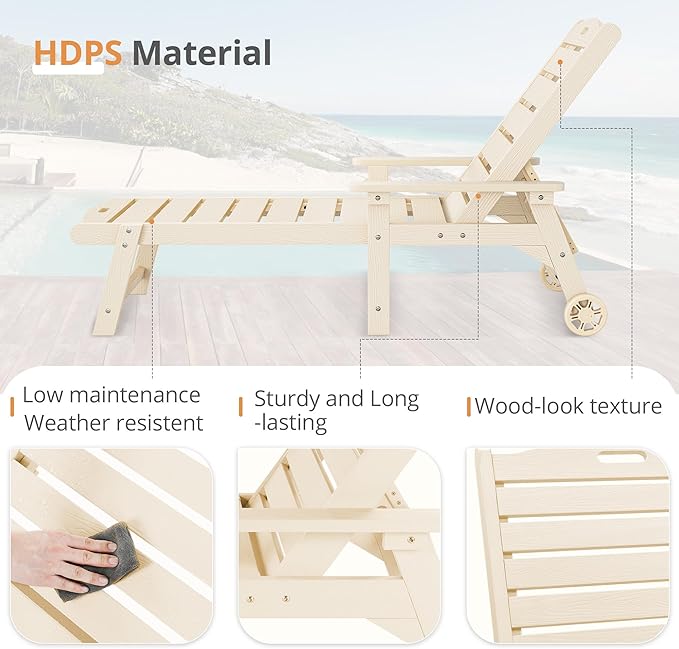 LUE BONA Outdoor Chaise Lounge Chairs Set of 2, HDPS Chaise Lounger, 5 Positions Adjustable Lounge Chairs - Photo 7