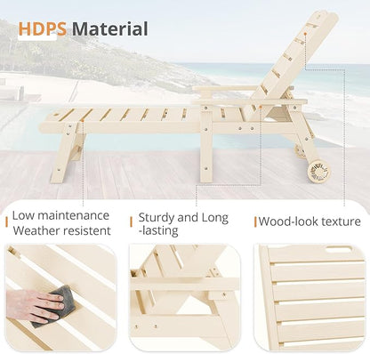 LUE BONA Outdoor Chaise Lounge Chairs Set of 2, HDPS Chaise Lounger, 5 Positions Adjustable Lounge Chairs, Pool Lounge Chair with Wheels for Poolside, Sand