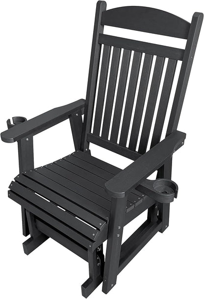 Poly Lumber Patio Glider for One Person, with Cup Holders, High Backrest and Deep Contoured Seat, HIPS Material, All-Weather Resistant, Heavy Duty 700 LBS (Matte Black)