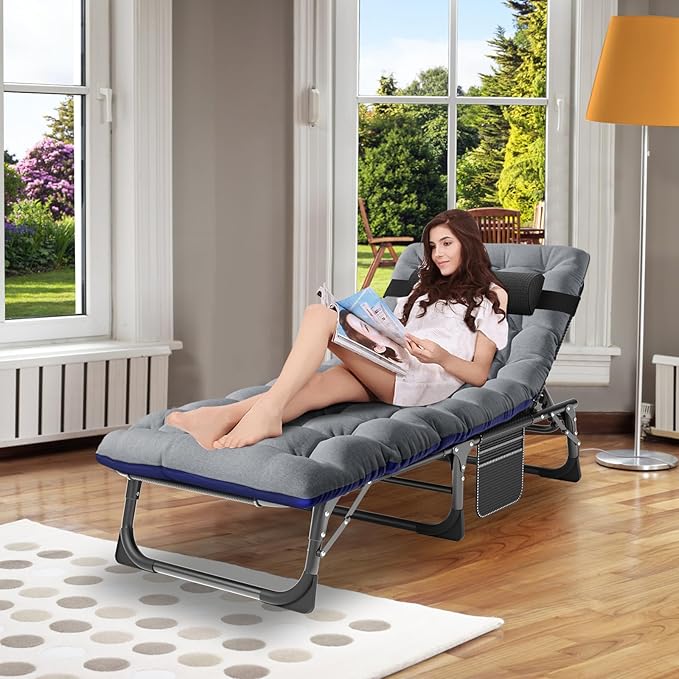 ABORON 2PK Heavy Duty Tanning Chair, 5-Gear Outdoor Folding Chaise Lounge Chair with Cushion - Photo 2
