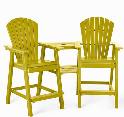 Tall Adirondack Chairs Set of 2, HDPE Balcony Chair with Double Connecting Tray, Weather Resistant Outdoor Adirondack Bar Stools for Patio, Deck, Patio, Backyard, Balcony. (Yellow)