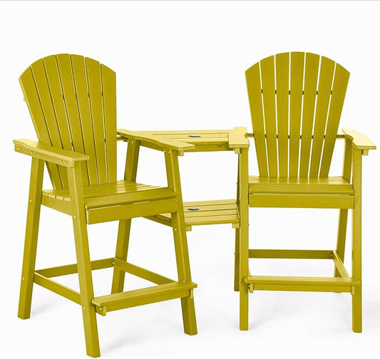 Tall Adirondack Chairs Set of 2, HDPE Balcony Chair with Double Connecting Tray, Weather Resistant Outdoor Adirondack Bar Stools for Patio, Deck, Patio, Backyard, Balcony. (Yellow)