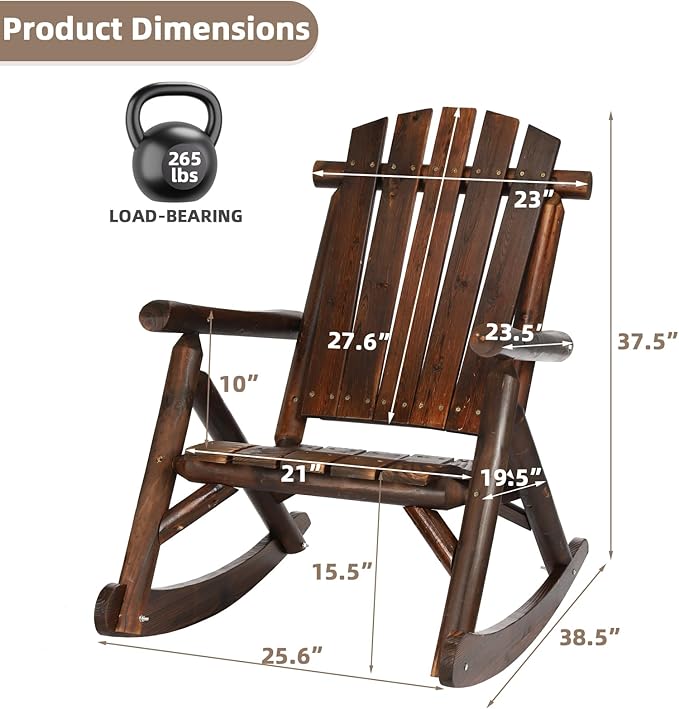 Outdoor Wooden Rocking Chair, Patio Rustic Adirondack Porch Rocker, All Weather Solid Wood Log Rocker Chair with High Back & Slatted Seat for Indoor, Backyard, Garden, Carbonized