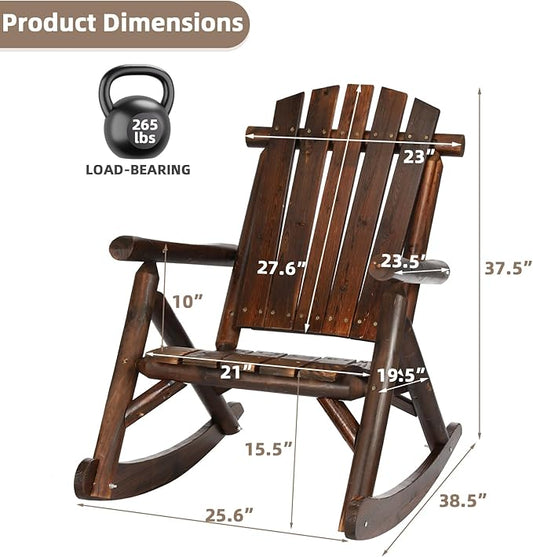 Outdoor Wooden Rocking Chair, Patio Rustic Adirondack Porch Rocker, All Weather Solid Wood Log Rocker Chair with High Back & Slatted Seat for Indoor, Backyard, Garden, Carbonized