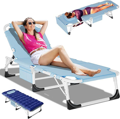 DoCred Heavy Duty XXL Tanning Chair with Face Hole&Mat, Oversized 5-Position Folding Chaise Lounge Chairs for Outside, Portable Beach Lounge Chair for Outdoor Sunbathing Beach Pool Lawn Camping