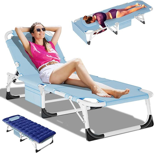 DoCred Heavy Duty XXL Tanning Chair with Face Hole&Mat, Oversized 5-Position Folding Chaise Lounge Chairs for Outside, Portable Beach Lounge Chair for Outdoor Sunbathing Beach Pool Lawn Camping