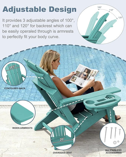 Adjustable Adirondack Chair Set of 2 with Cup Holder, All Weather HDPE Fire Pit Chairs for Deck, Backyard, Patio, Lake Blue