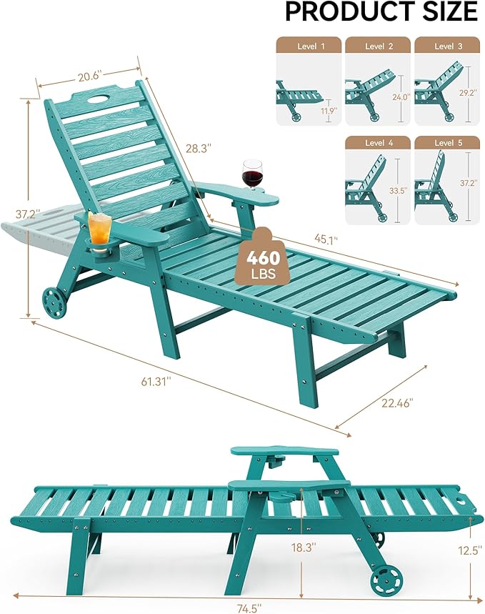 Carauci Lounge Chair Outdoor, HDPE Chaise Lounge with Wheels, 5-Position Adjustable Backrest & 2 Cup Holders Patio Lounge Chair, All-Weather Pool Sun Lounger for Poolside, Backyard, Lake Blue