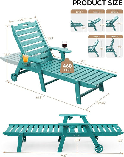 Carauci Lounge Chair Outdoor, HDPE Chaise Lounge with Wheels, 5-Position Adjustable Backrest & 2 Cup Holders Patio Lounge Chair, All-Weather Pool Sun Lounger for Poolside, Backyard, Lake Blue