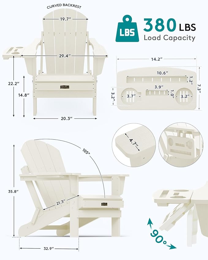 SERWALL Folding Adirondack Chair Set of 2, Adirondack Chairs with 4 in 1 Multi-Functional Cup Holder, All Weather Patio Chair with Wood Texture, Fire Pit Chairs for Outdoor, Garden, Backyard - White