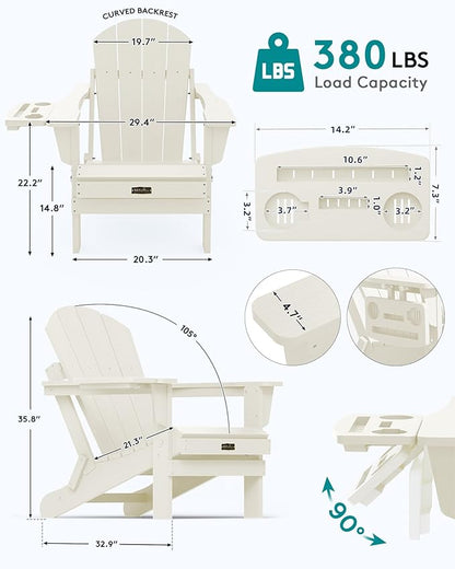 SERWALL Folding Adirondack Chair, Outdoor Adirondack Chairs with Multi-Functional Cup Holder, Wood-Like Patio Chairs, Lawn Chairs, All Weather Plastic Fire Pit Chair for Garden, Backyard, Deck - White
