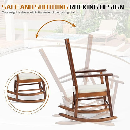 Outvita Outdoor Rocking Chair, Solid Wood High Back Rocker, All Weather Lounge Chair with Padded Cushions for Porch Patio Fire Pit Garden Backyard Deck Indoor, Natural