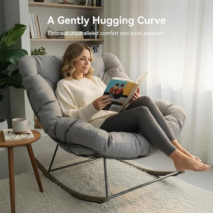 Outdoor Patio Rocking Chair, Oversized Papasan Chair with Cushion and Frame, Comfy Modern Rocker Egg Chair for Living Room, Garden Backyard,Grey