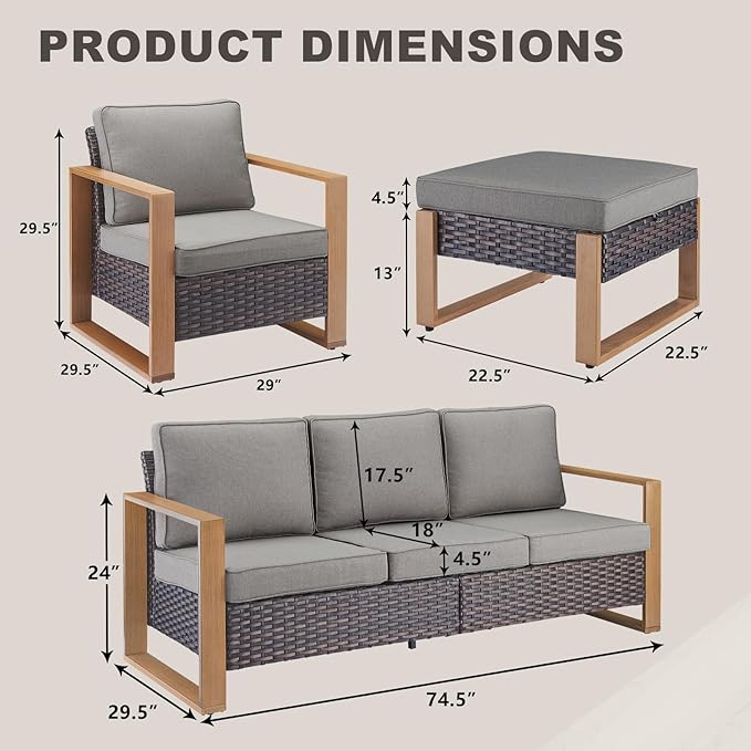 Rilyson Outdoor Wicker Patio Furniture Set - 5 Piece Patio Conversation Set with 2 Wicker Armrest Chairs,2 Rattan Ottoman and 1 Couch,Sturdy Frame,Thick Cushions,Deep Seating(Brown/Grey)