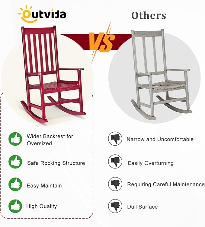 Outvita Outdoor Rocking Chair, Solid Wood High Back Rocker, All Weather Lounge Chair for Porch Patio Fire Pit Garden Backyard Deck Indoor, Red