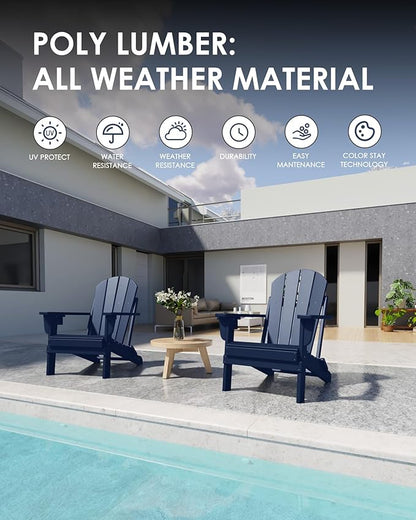 Folding Adirondack Chairs Set of 6, All-Weather Resistant HDPE Patio Firepit Chairs, Sturdy Outside Chairs with Cup Holder, Lawn Chairs, 80% Pre-Installed Load Capacity 385lb, Navy Blue