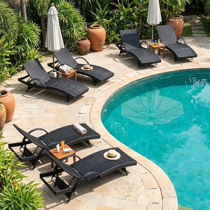 Wicker Outdoor Lounge Chairs with Pull Out Side Table, Pool Lounge Chairs Set of 6, Rattan Outdoor Lounger - Photo 1