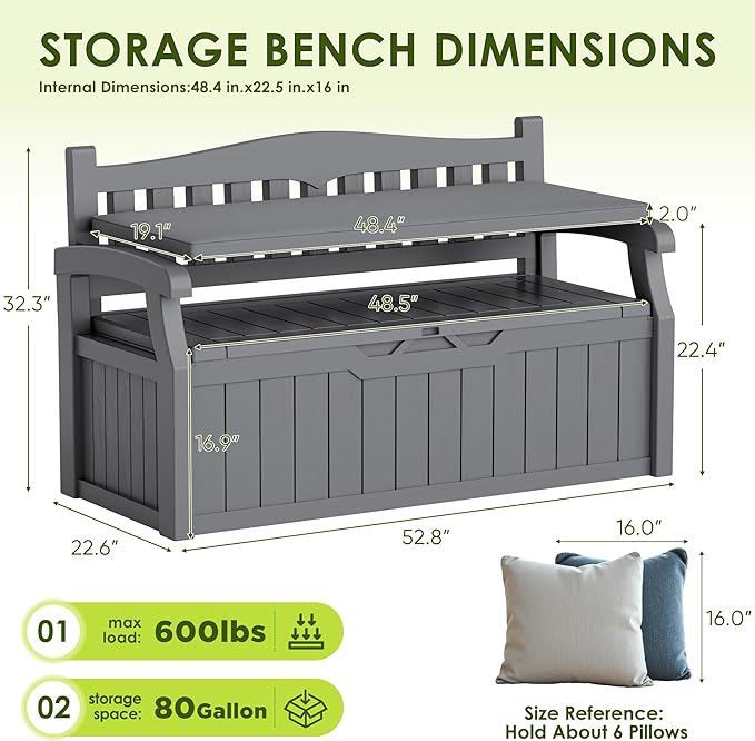 Greesum 80 Gallon Heavy-Duty Outdoor Storage Bench with Cushion, UV-Resistant Resin Bench with Armrest, Deck Box for Garden, Poolside, Patio, Dark Grey