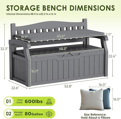 Greesum 80 Gallon Heavy-Duty Outdoor Storage Bench with Cushion, UV-Resistant Resin Bench with Armrest, Deck Box for Garden, Poolside, Patio, Dark Grey